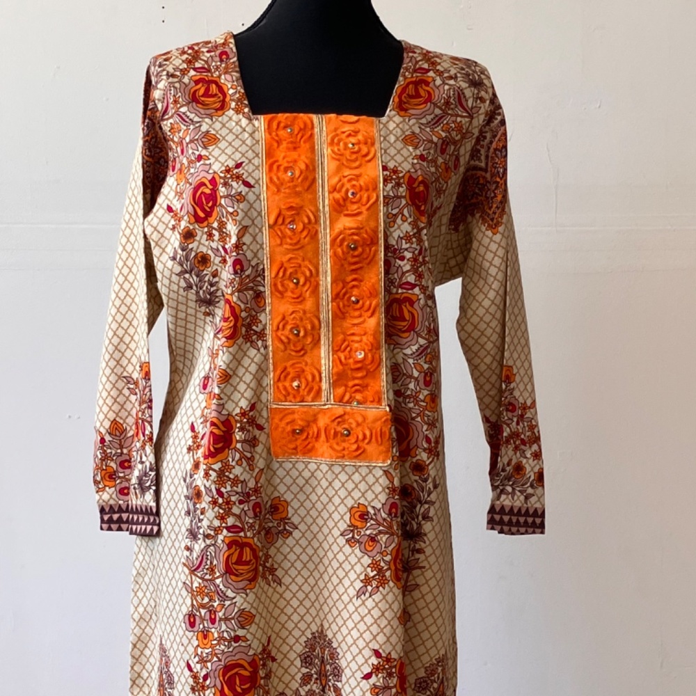 Orange and brown hand crafted tunic dress - Picture 3 of 7